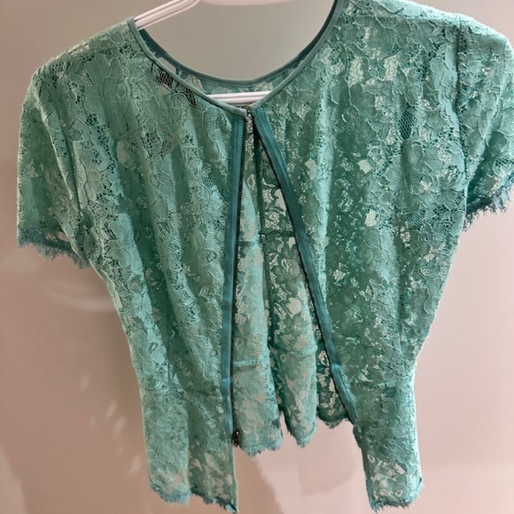 BCBG Teal Lace Peplum Top Size S - Picture 2 of 7